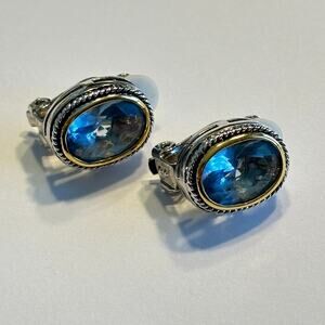 Clip on earrings silvertone rope texture & blue faceted stone ovals classic look